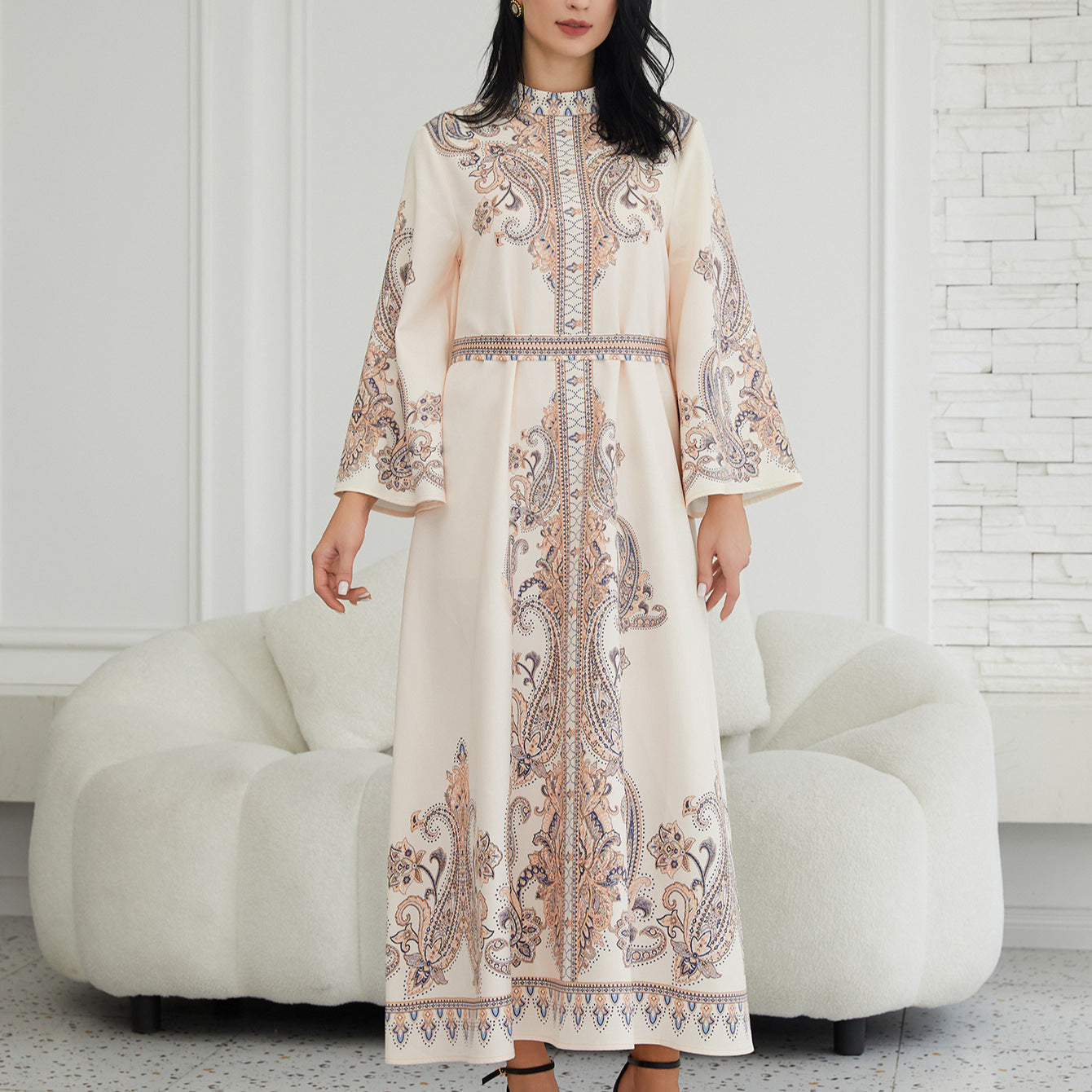 Stand Collar Printing Long Retro Muslim Dress
