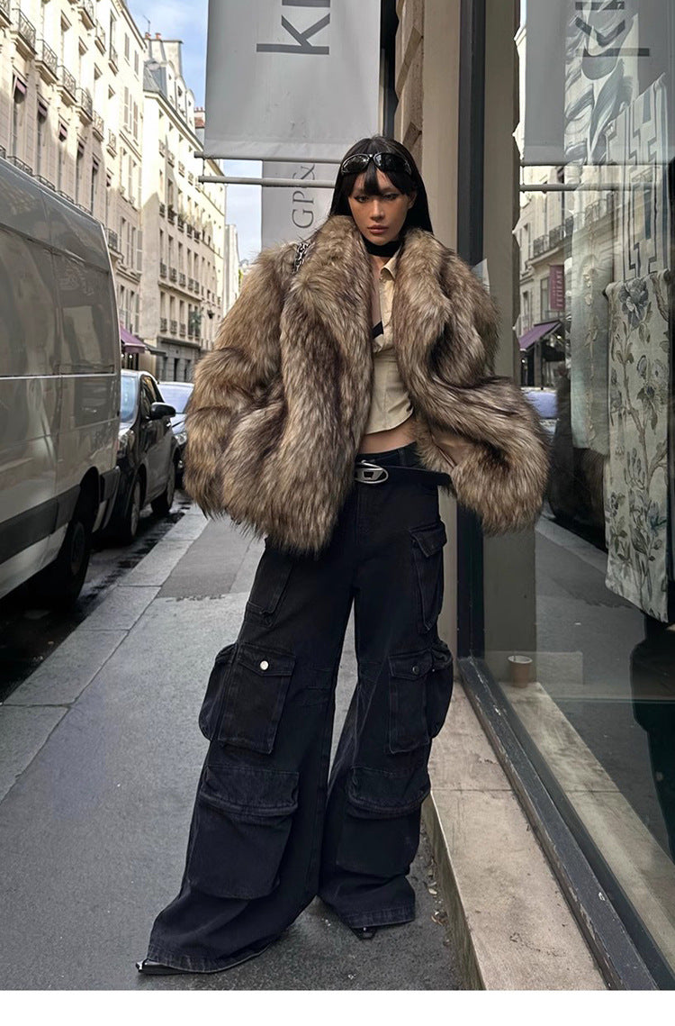 Women's Fur Coat Raccoon Fur Coat Brown Lapel Warm Furry Coat European And American Leisure