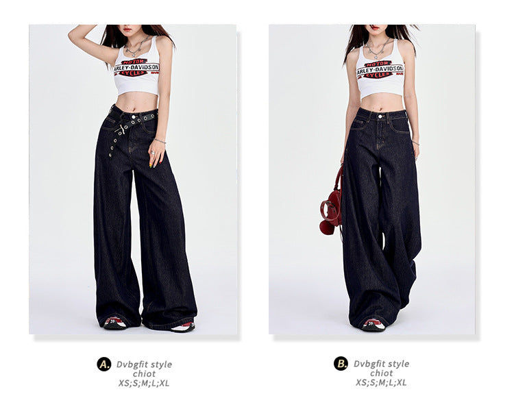 Spring Draped High Waist Wide Leg Denim Jeans for Women