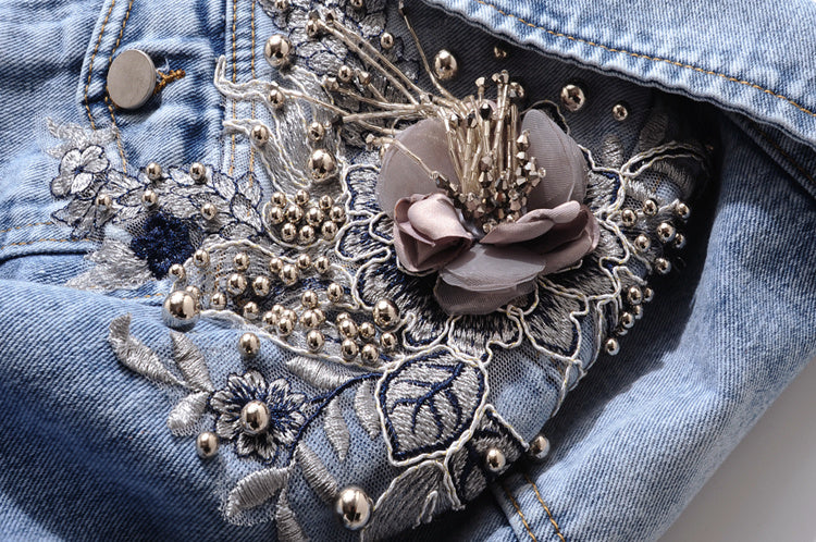 Heavy Industry Beaded Flowers Long-sleeved Denim Jacket