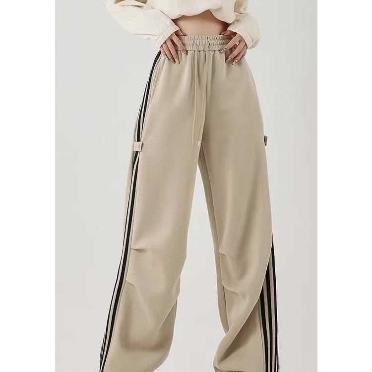 American Striped Wide-Leg Cotton Workwear Sweatpants in Khaki, Black & Dark Gray