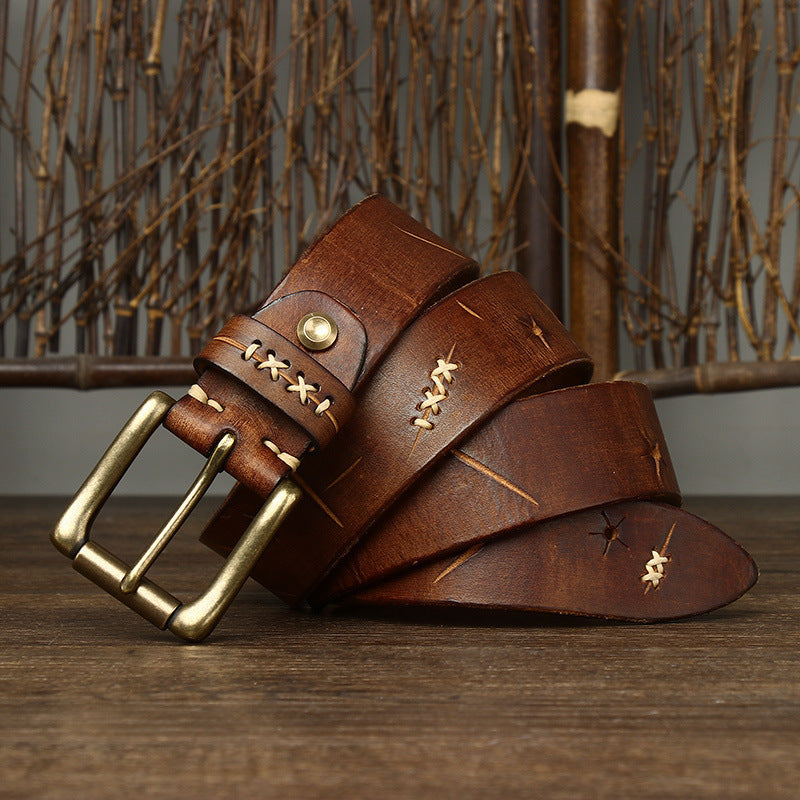 Vintage Washed First Layer Cow Leather Pin Buckle Jeans Belt 3.8cm Wide