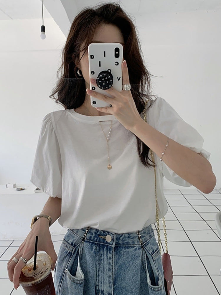 T-shirt blanc à manches courtes et manches bouffantes, haut chic d'été, taille unique pour femme