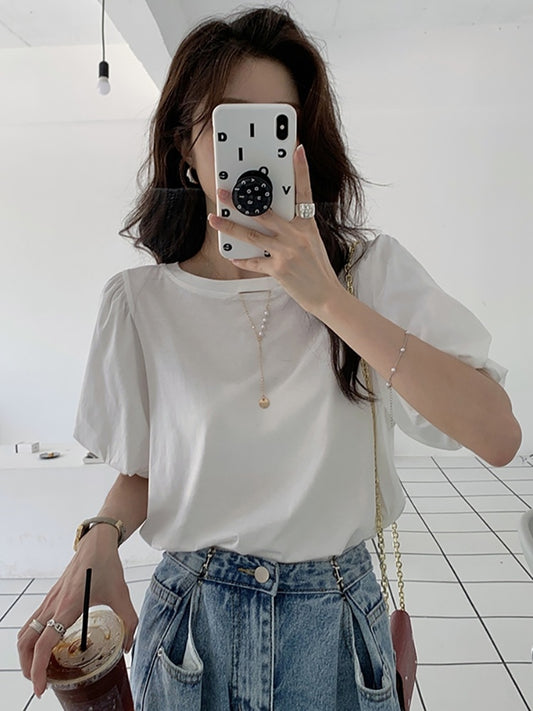White T-shirt Short Sleeve New Design Sense Niche Bubble Sleeve Chic Top Summer Temperament Women's Ins Tide