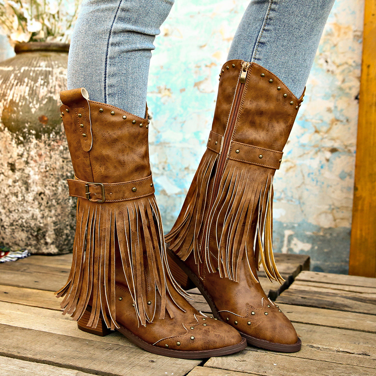 Retro Mid-Calf Women’s Winter Boots with Tassel, Rivet Strap, Buckle & Square Heel