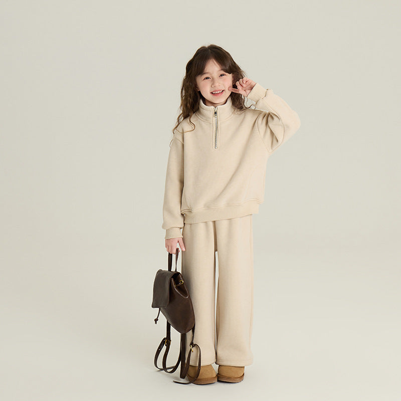 Children's Fleece-Lined Stand Collar Sweater & Straight-Leg Pants Set