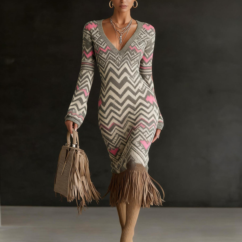 Robe pull créative tricotée en 3D pour femme, coupe slim, longueur midi, col en V, manches longues