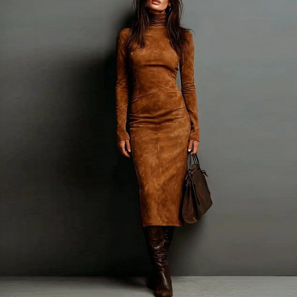 Robe crayon moulante mi-longue à col roulé et manches longues pour femme