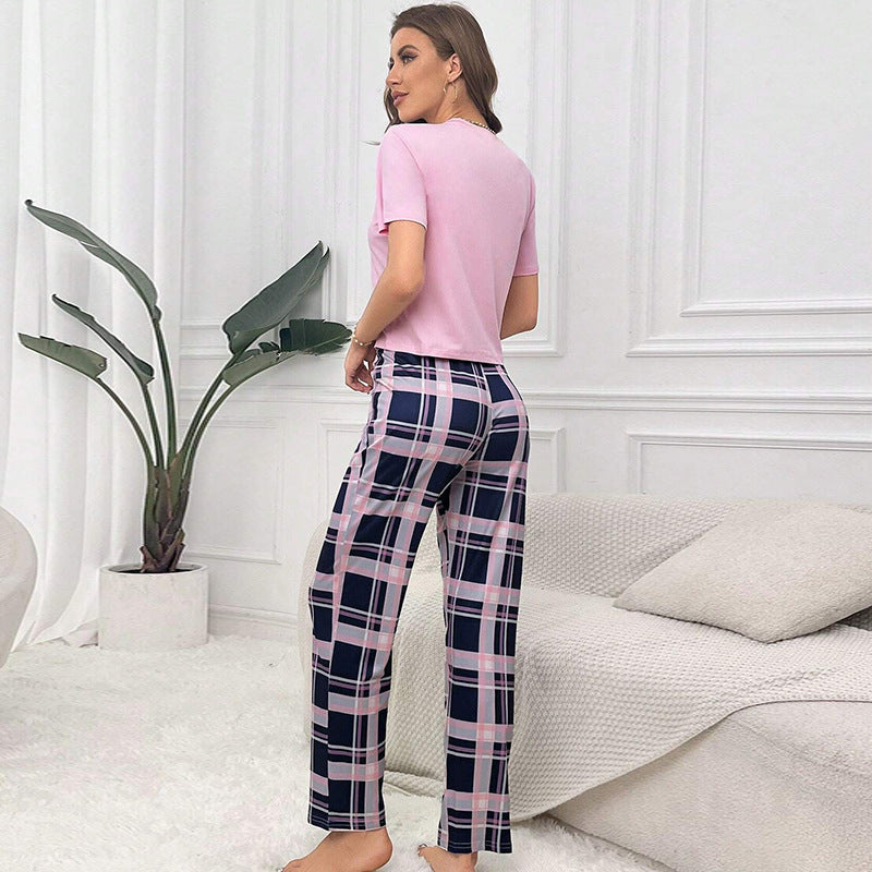 Plaid Short Sleeve Cropped Pants Set Casual
