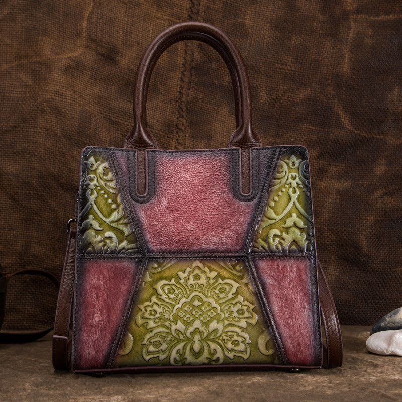 Retro High Leather Hand-Painted Embossed Tree Handbag 25cm