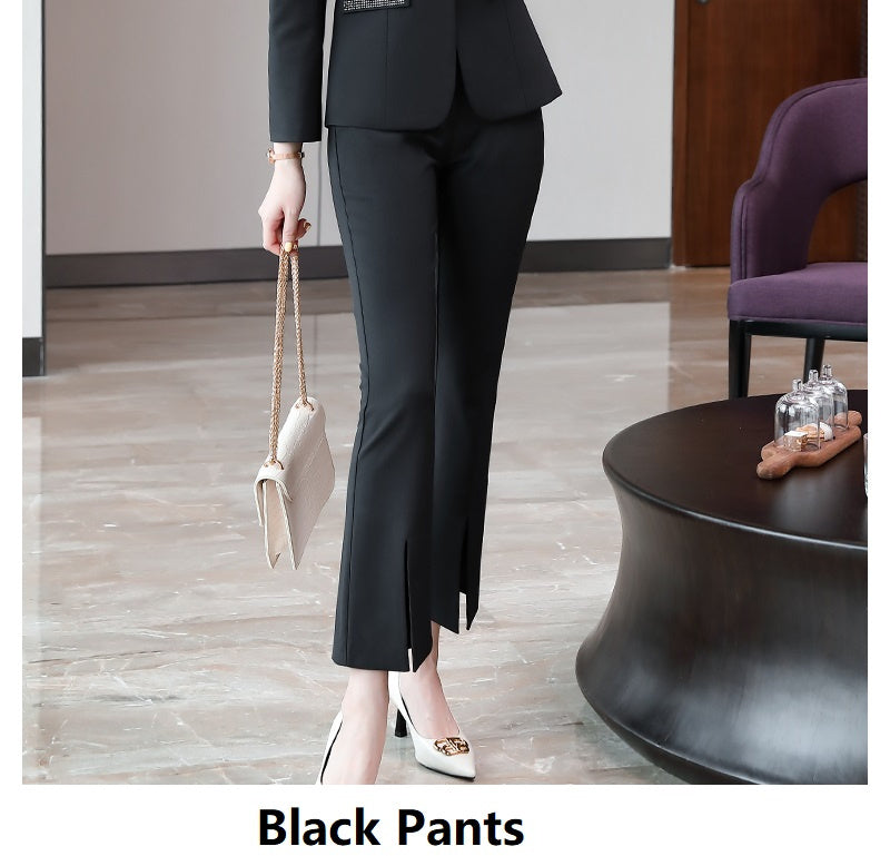 Tailleur-pantalon professionnel pour femmes en polyester avec manteau – Beige, Rouge, Noir, Tailles S-4XL