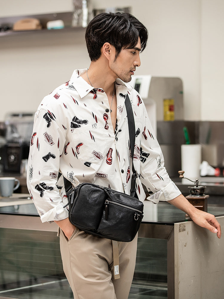 Leather Men's Black Shoulder Bag with Zipper, 26cm x 9cm x 18cm