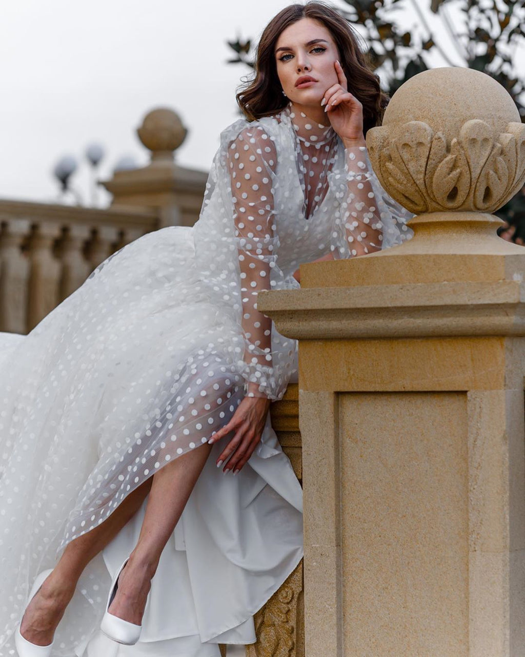 Women’s White Polka Dot Mesh Puff Sleeve Dress