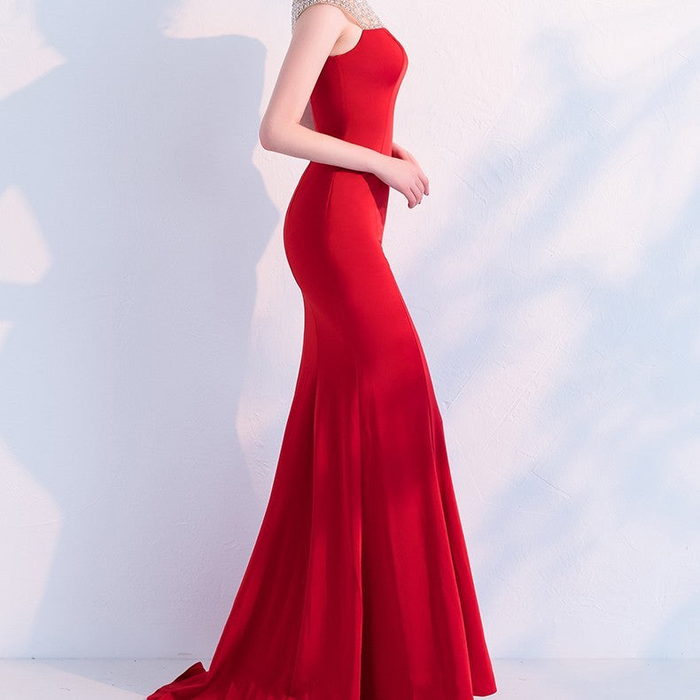 Élégante robe de soirée longue sirène avec col en U, noire ou rouge