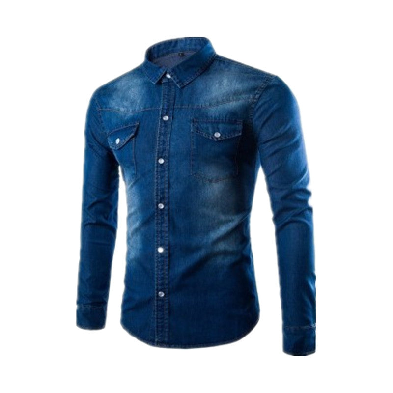 Men's Cotton Denim Shirt Stand Collar Long Sleeve