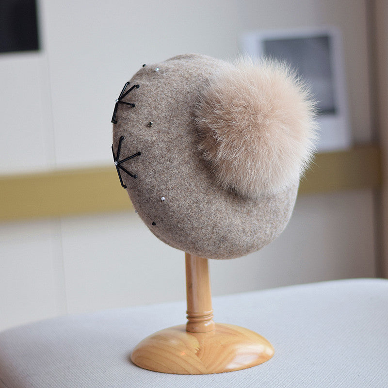 Women's Wool Dome Hat with Fox Fur Ball – Winter Warm M(56-58cm)