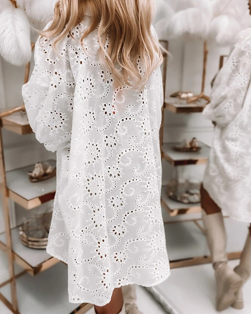 Women's Loose White Hollow Single-Breasted Long Shirt Dress