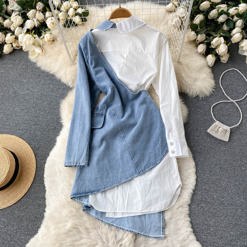 Irregular Stitching Denim Dress with Long Sleeves