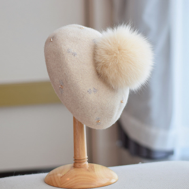 Women's Vintage Wool Dome Hat with Fox Fur Ball for Autumn Winter M 56-58cm