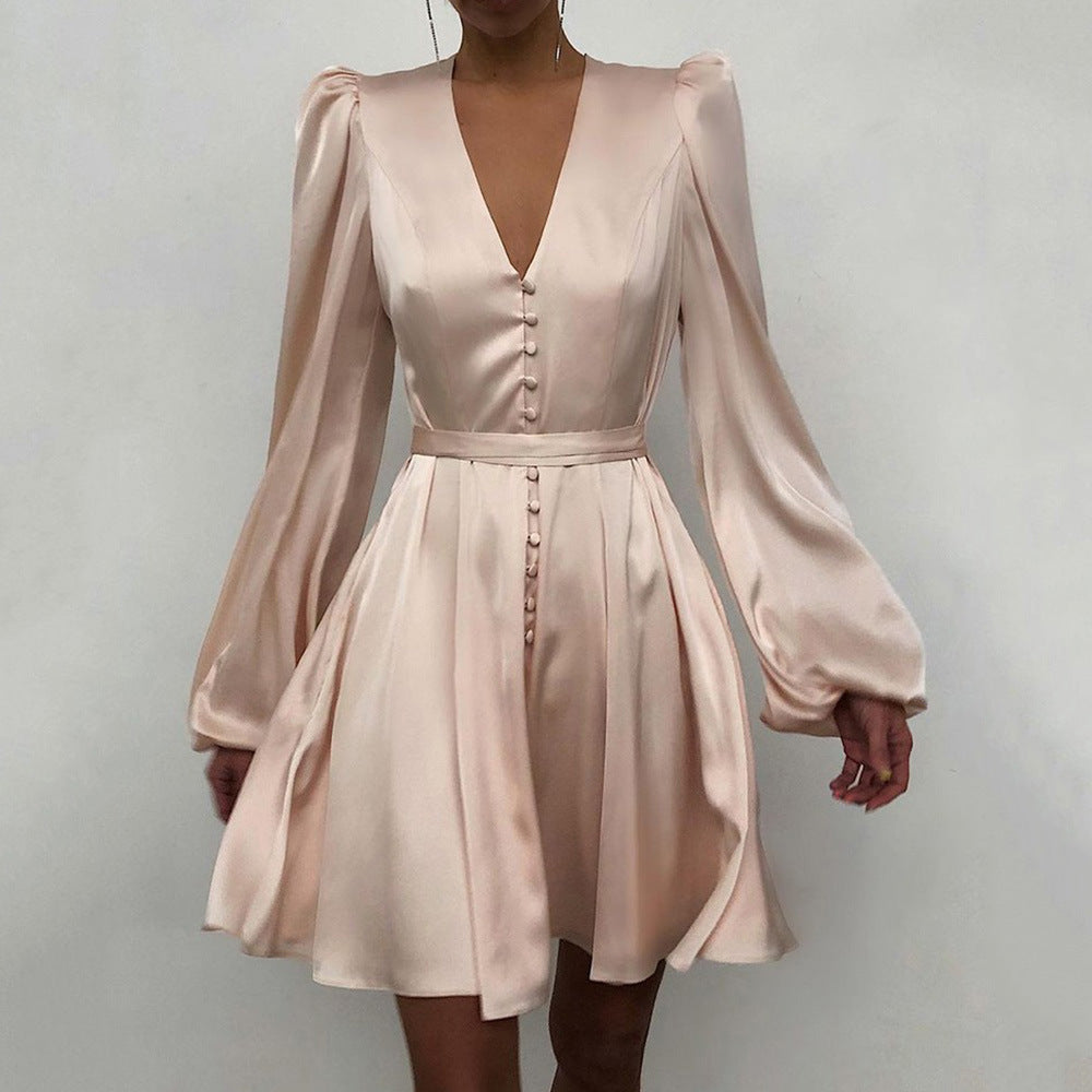 Spring Satin Satin V Neck Temperament Slim Dress