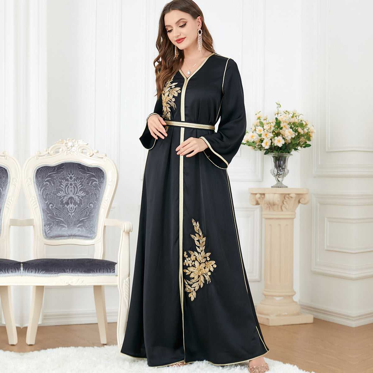Robe arabe fendue à col en V pour femme
