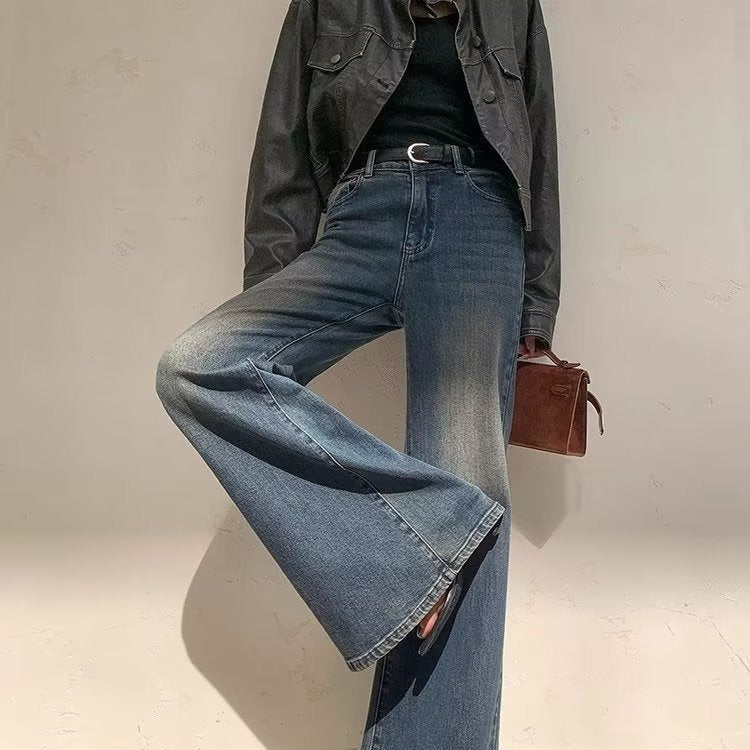 Jeans micro-pull taille haute rétro femme bleu délavé