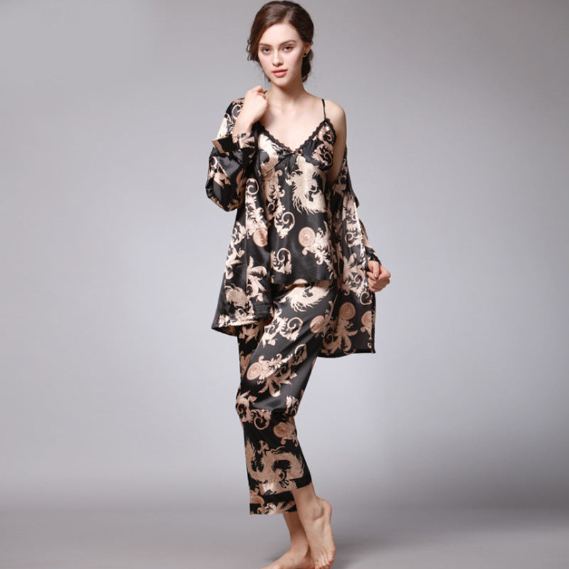 Ensemble de pyjama trois pièces en soie artificielle pour femme