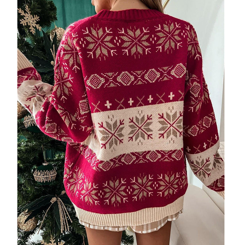 Pull Femme Jacquard Rouge Ample Col Rond Manches Longues