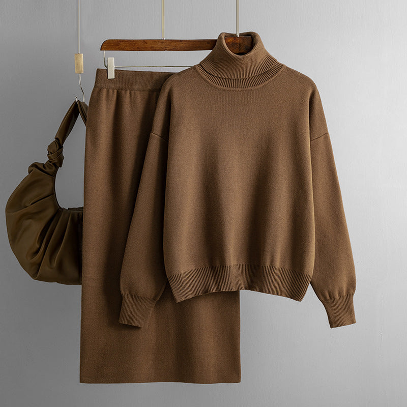 Ensemble deux pièces pull à col roulé uni et jupe fourreau, idéal pour l'automne et l'hiver
