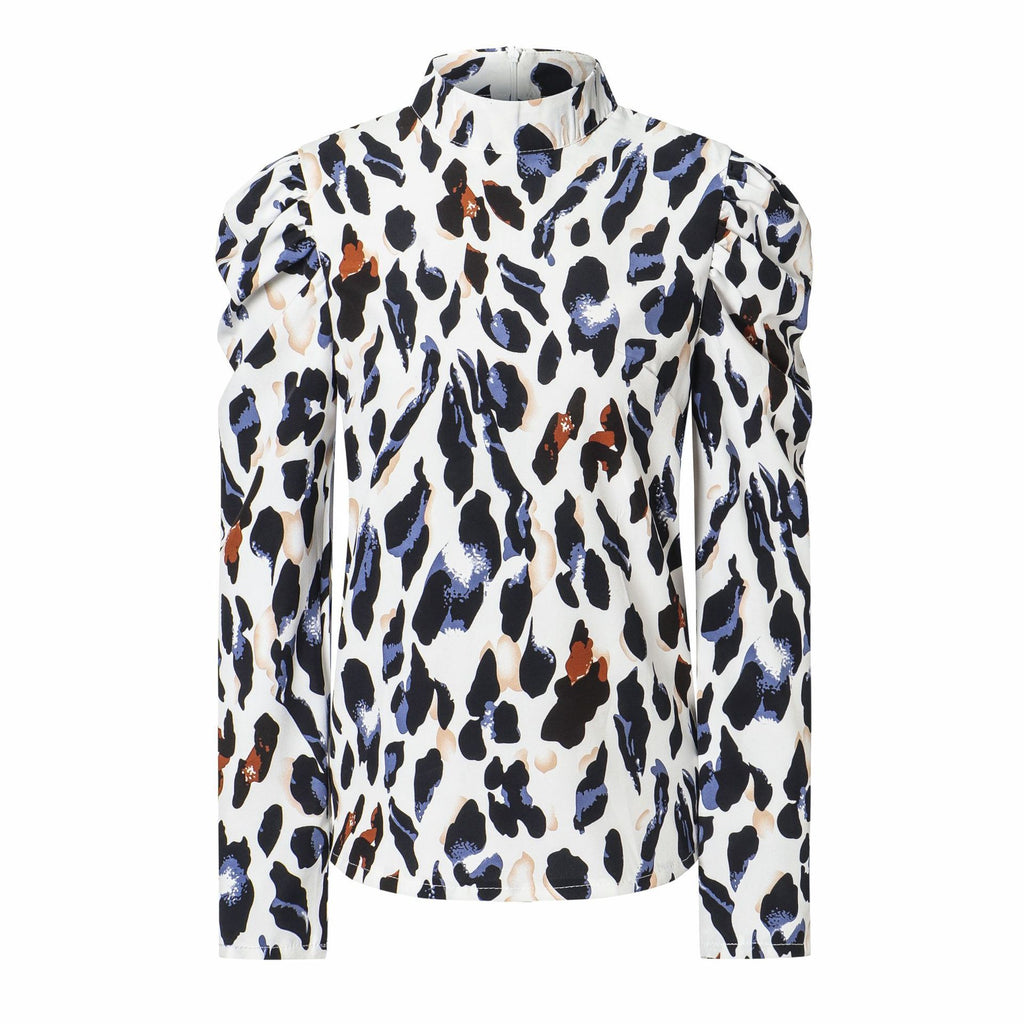 White Leopard Print Top with Lantern Sleeves and High Collar