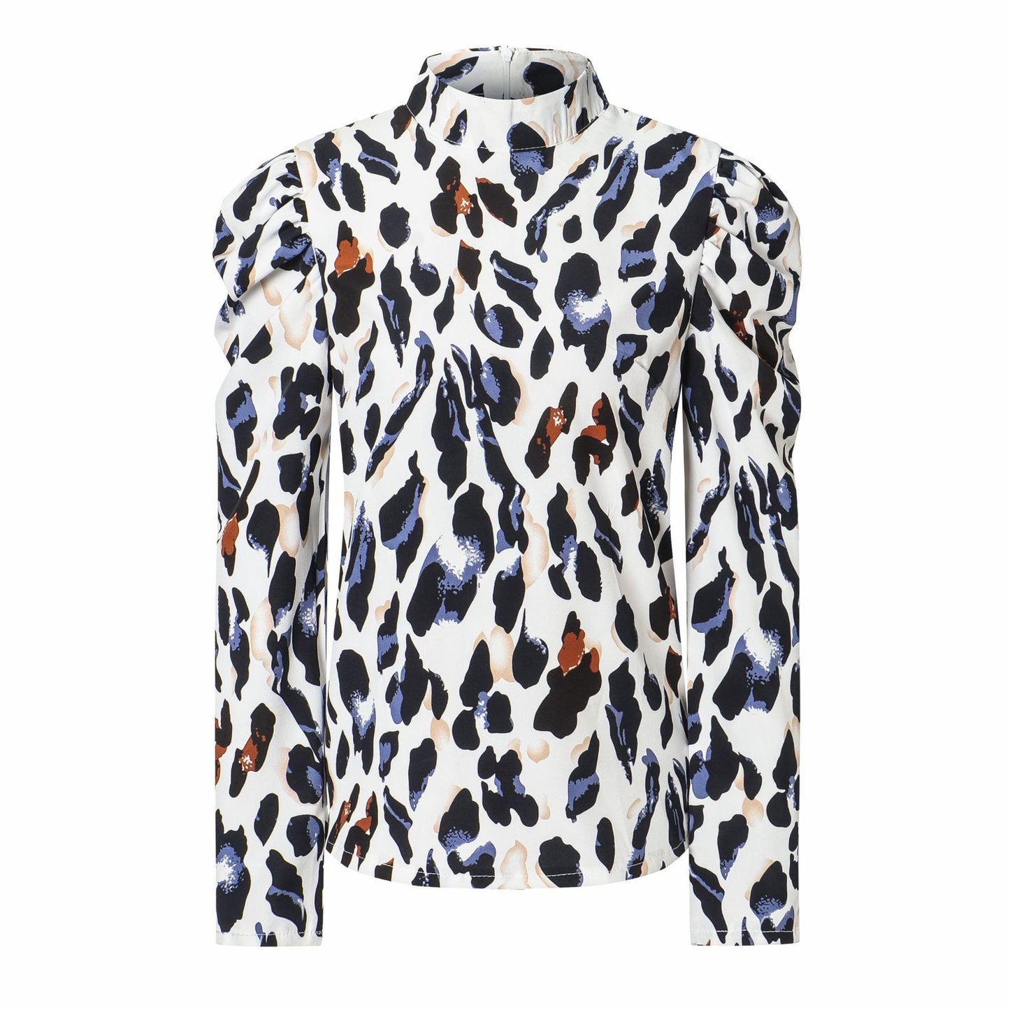 White leopard top with lantern sleeves and high collar