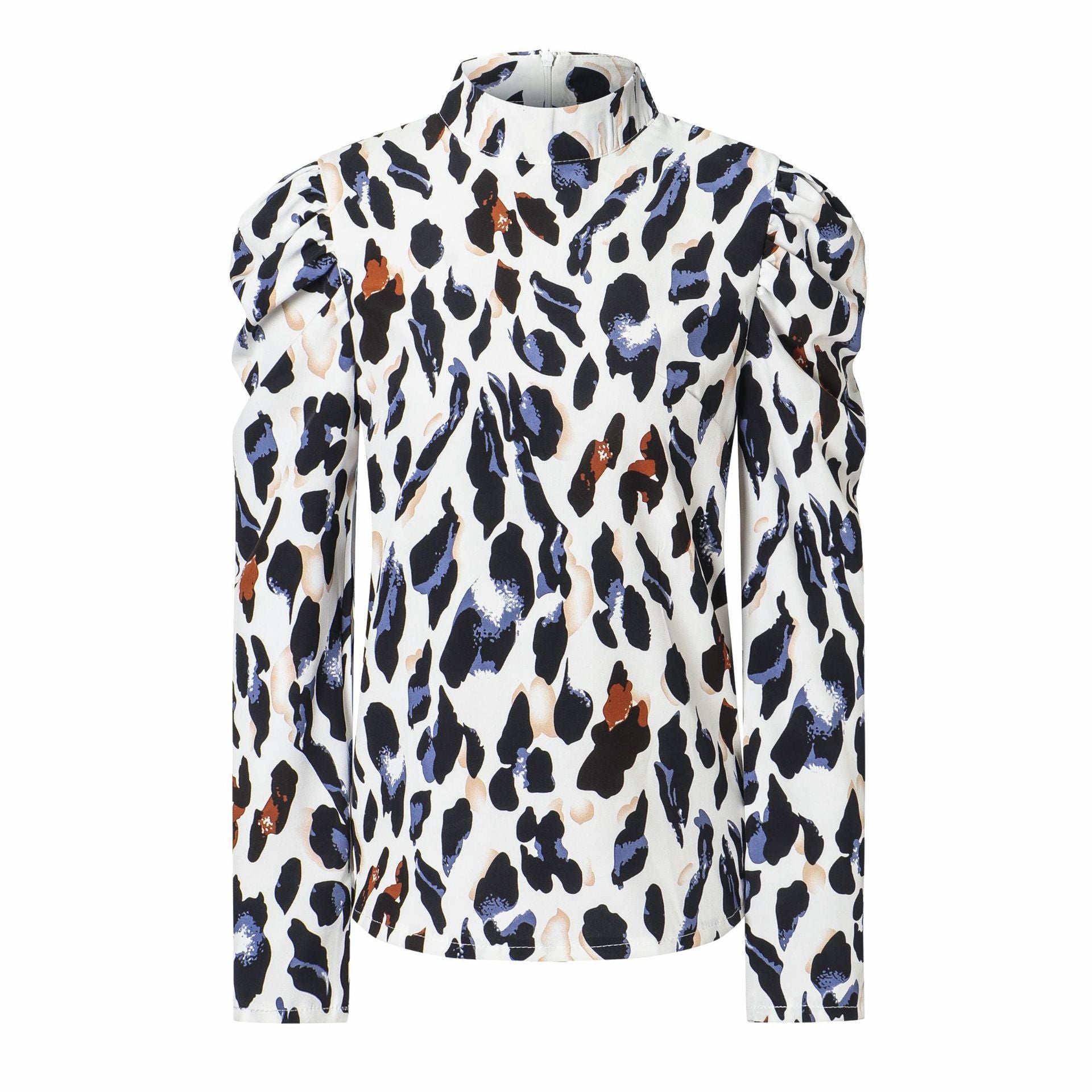 White Leopard Print Top with Lantern Sleeves and High Collar