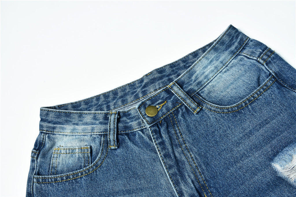Jean denim bleu déchiré pour femme, taille mi-haute, pantalon crayon usé