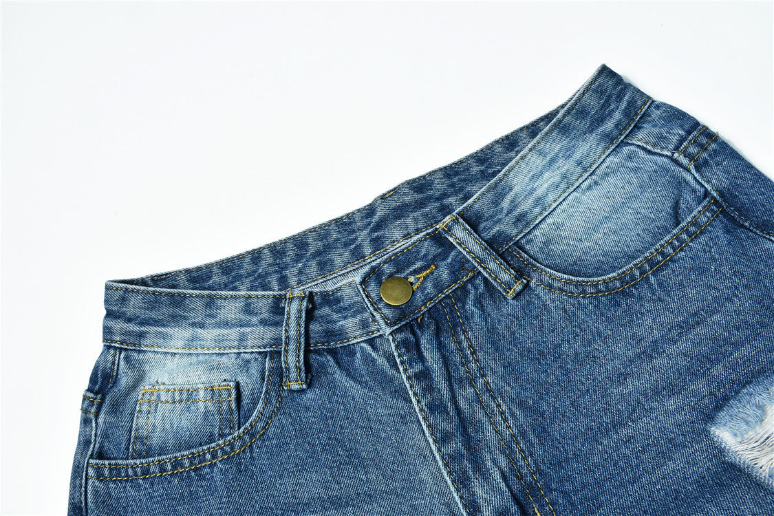 Jean denim bleu déchiré pour femme, taille mi-haute, pantalon crayon usé