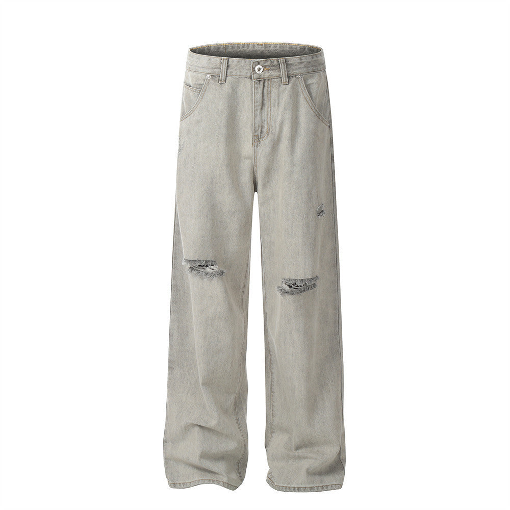 بنطلون جينز رجالي رمادي ممزق ومطلي يدويًا برسومات جرافيتي