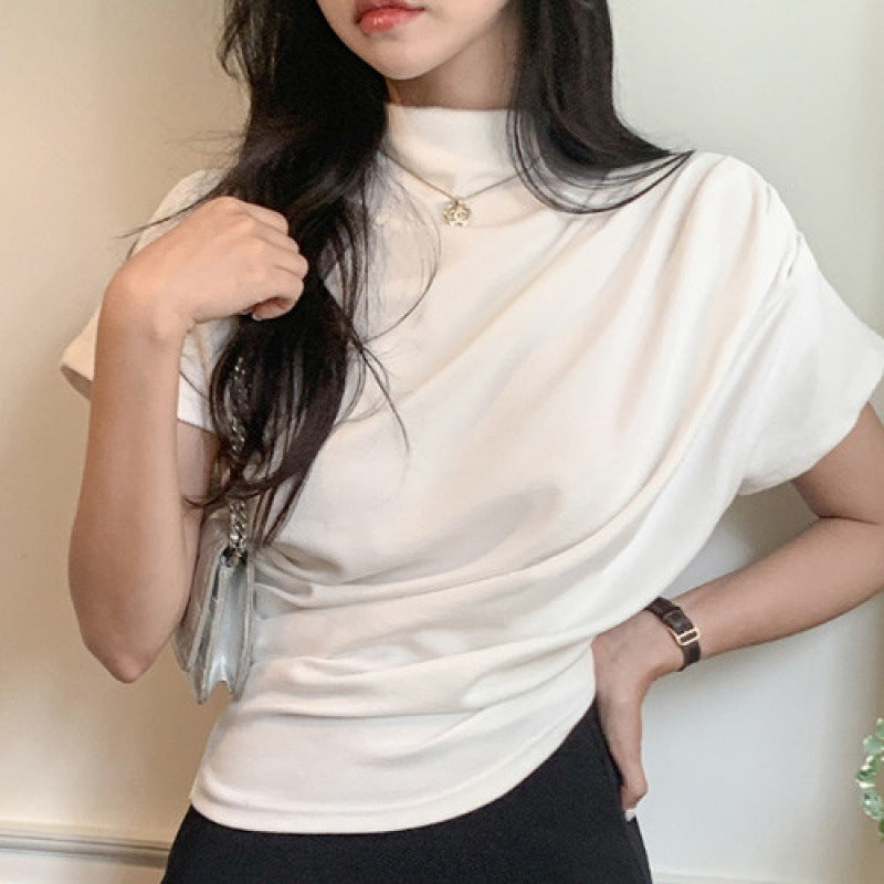 French Turtleneck Short Sleeve Modal T-Shirt for Women, Waist-Controlled Top