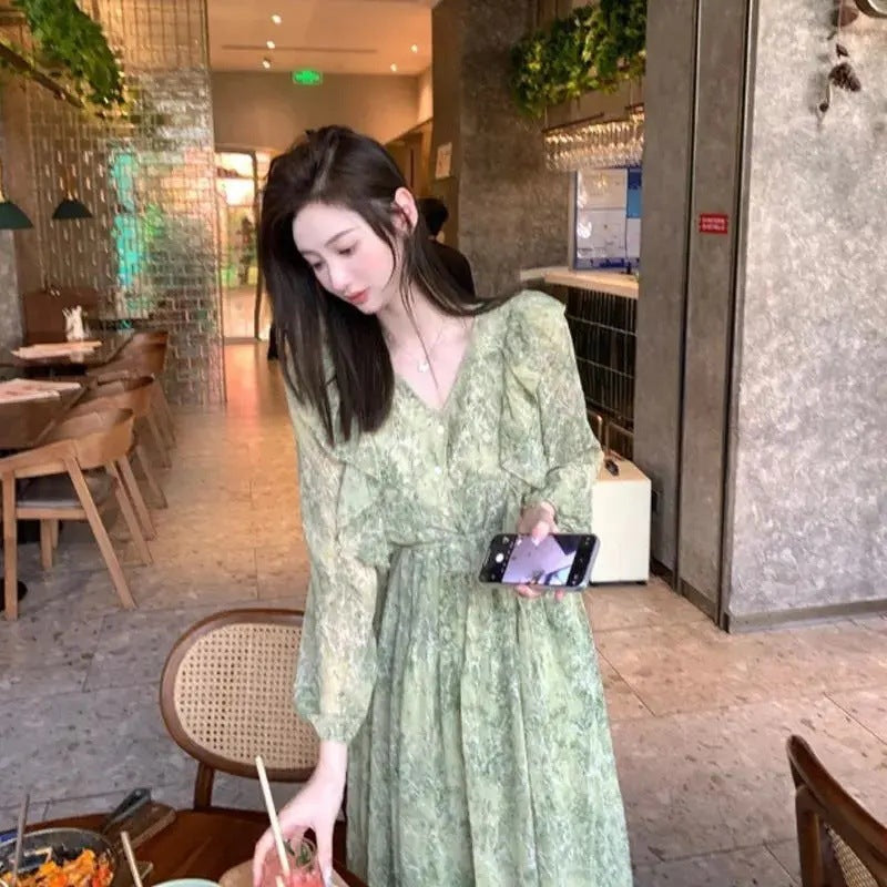Women's Mid-Length Floral Chiffon Ruffled Dress