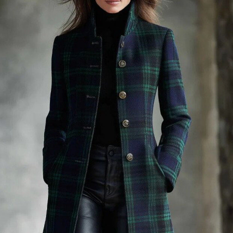 Women’s Green Plaid Long-Sleeve Single-Breasted Cardigan Coat
