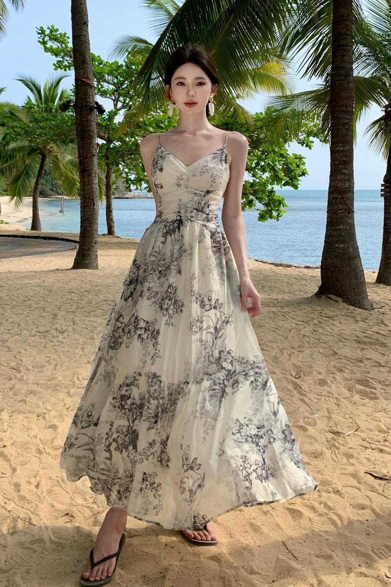 Artistic Retro Design Ink Painting Cinched Slimming Long Dress Sleeveless PVC S-XL