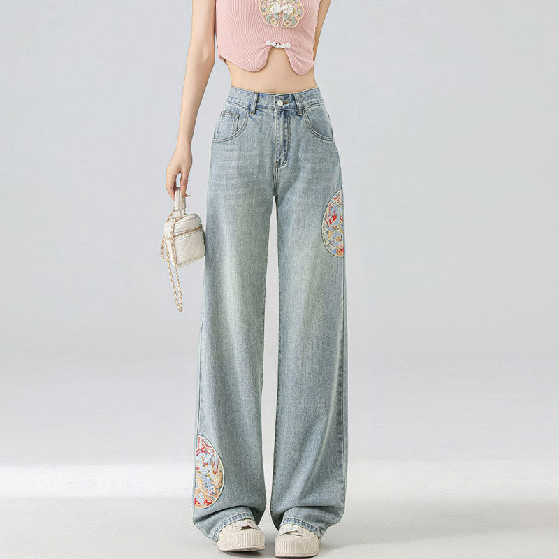 High Waist Light Blue Embroidered Wide Leg Cotton Denim Trousers