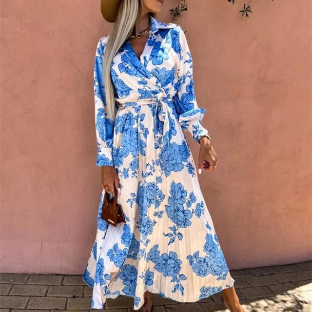 Women's V-Neck Pleated Waist Dress with Floral Print