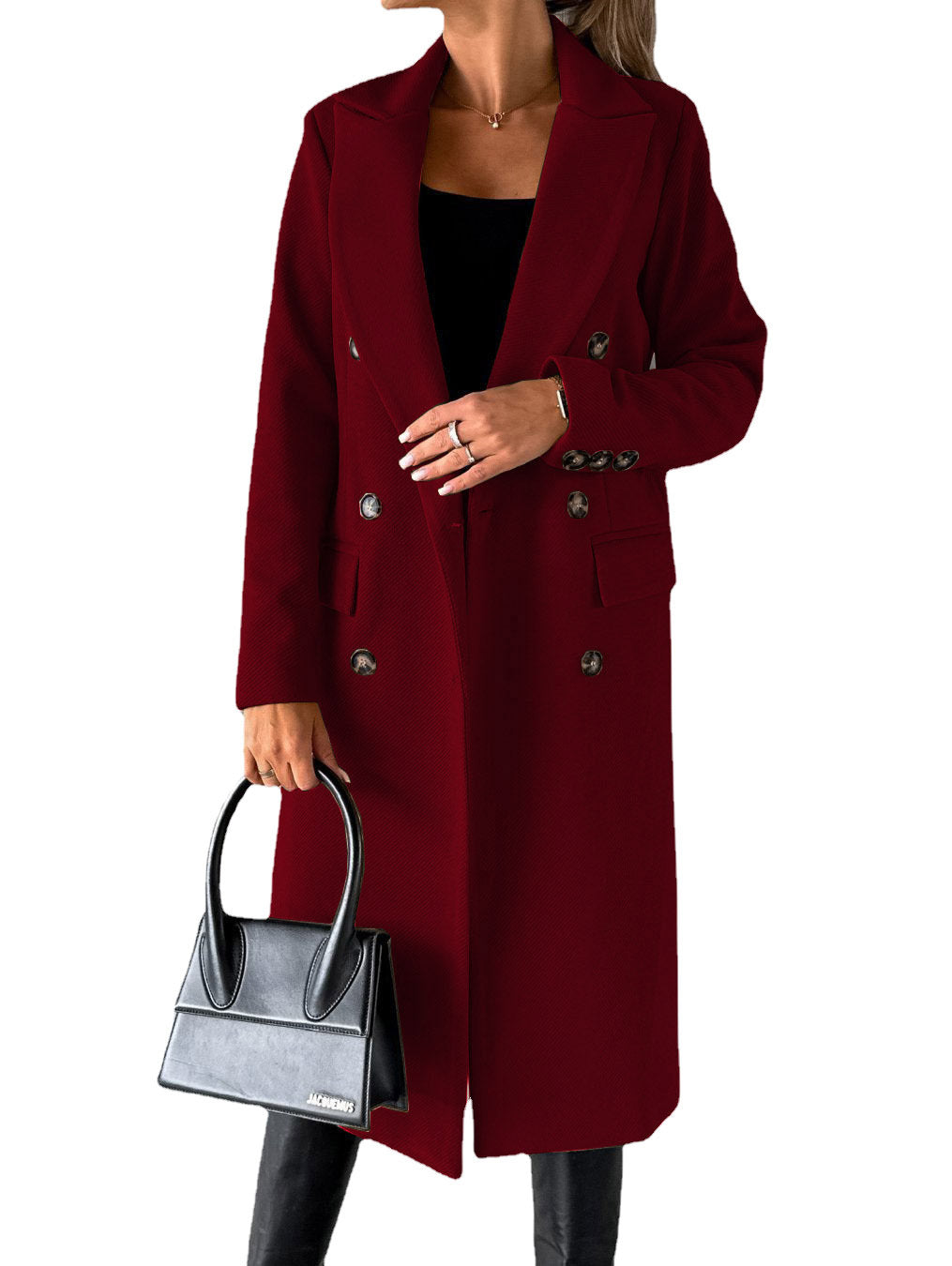 Manteau long d'hiver ajusté à revers double boutonnage pour femme