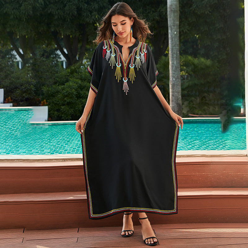 Robe de plage brodée en coton noir pour femme, taille unique