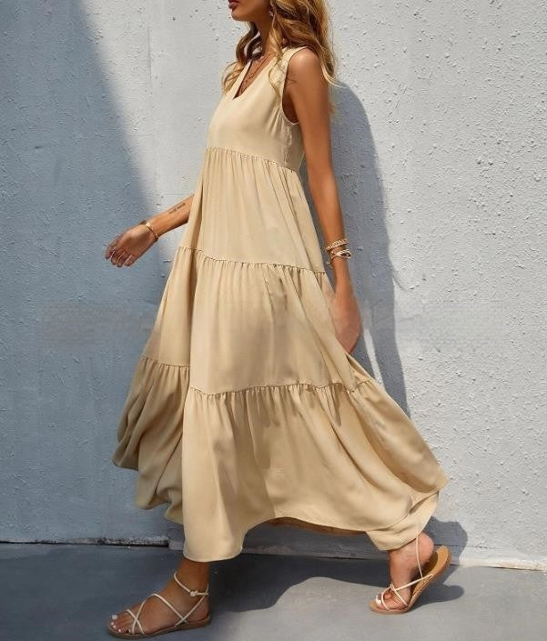 Women's Loose Waist Cotton Sleeveless V-neck Dress