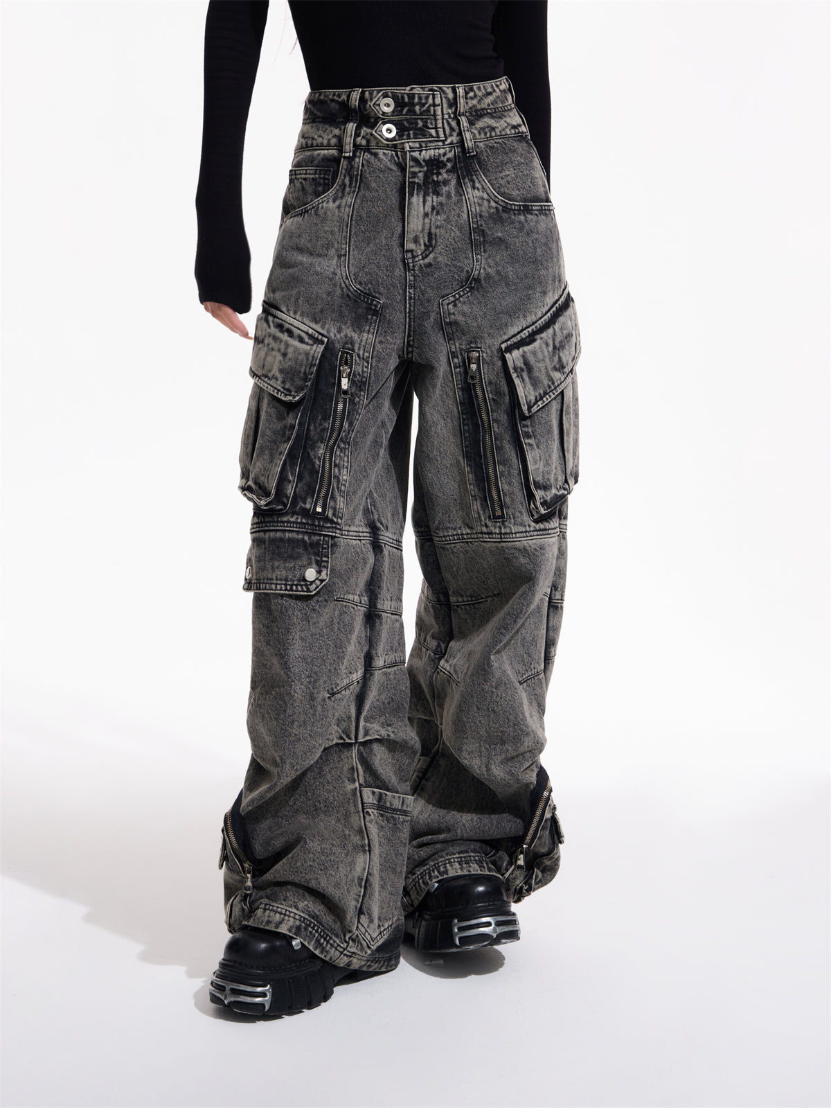 Retro Wide Leg Multi-Pocket Denim Jeans