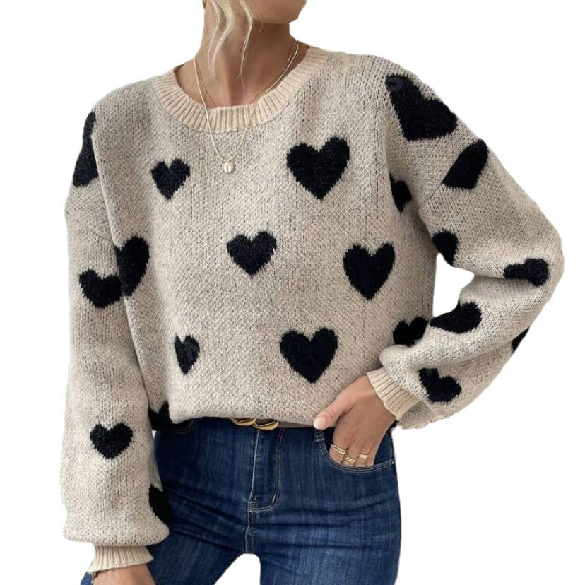 Love Contrast Color Round Neck Loose Casual Pullover Long Sleeve Sweater