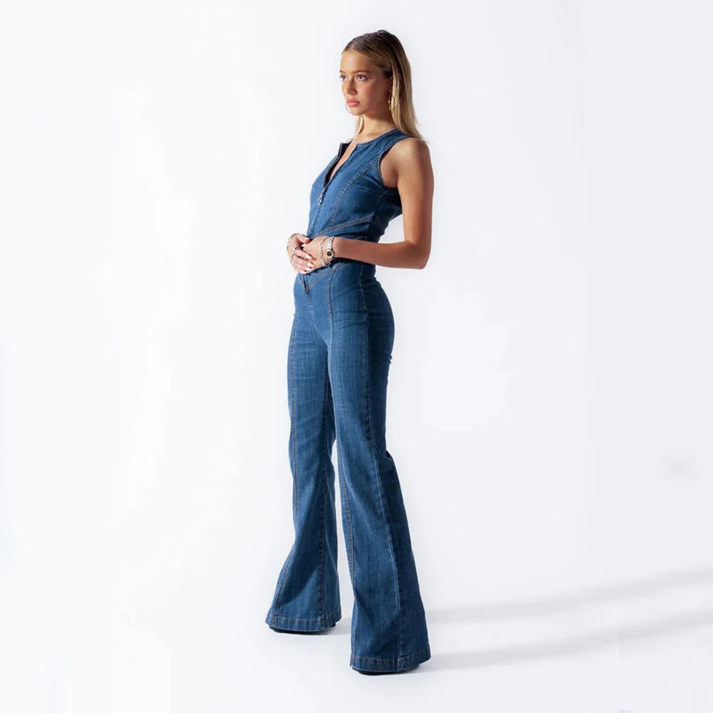 Combinaison en jean sans dos à fines bretelles en cœur, style rétro, avec fermeture éclair et taille haute pour femmes