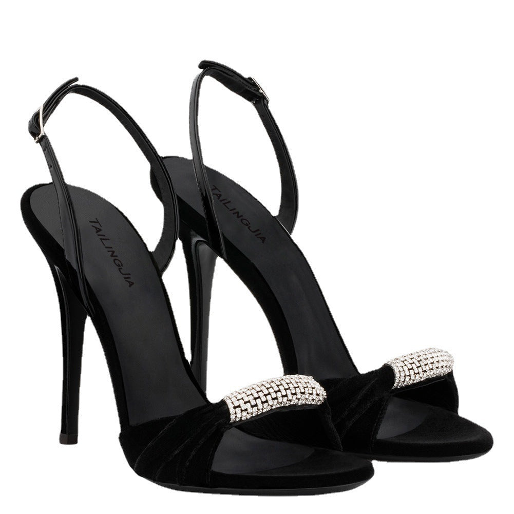 European & American Black & Red Velvet Rhinestone High Heel Sandals
