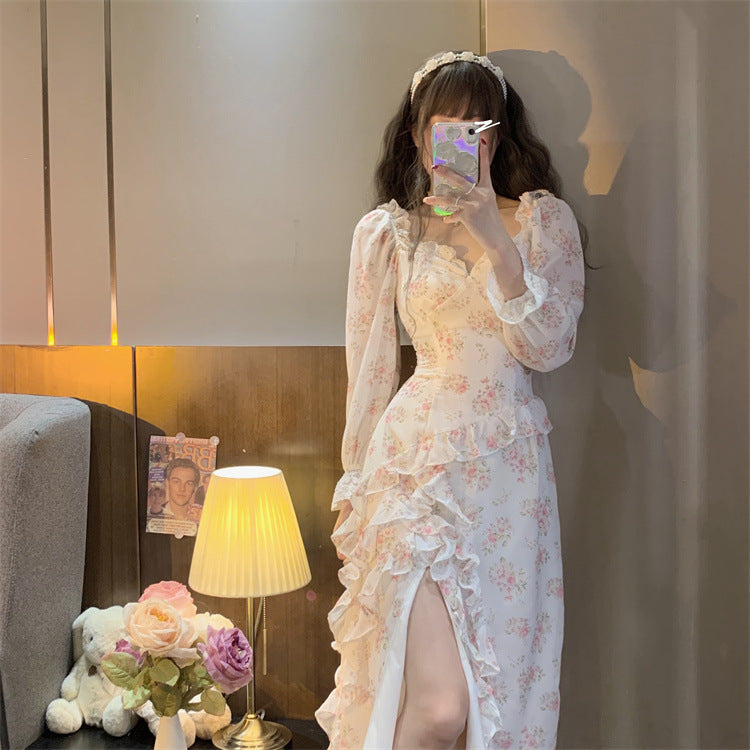 French Chiffon Floral Slit Dress High Waist Slim Ruffle