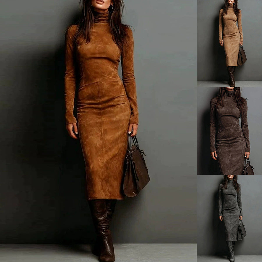 Robe crayon moulante mi-longue à col roulé et manches longues pour femme